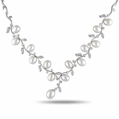 Miadora Silver White Pearl and Cubic Zirconia Necklace (6.5-7 mm)