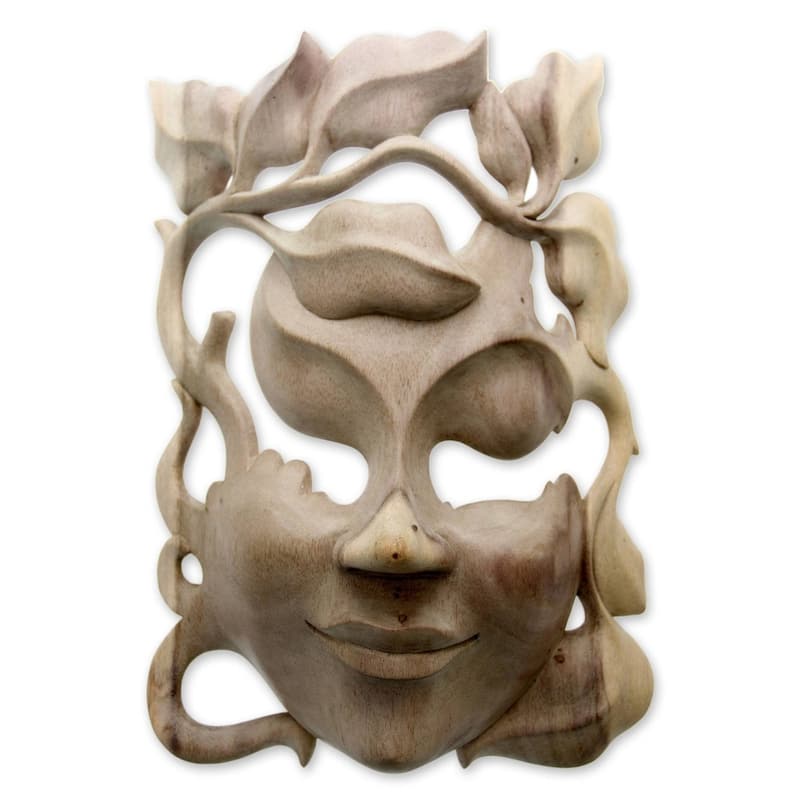 NOVICA Handmade Quirky Hibiscus Wood Mask (Indonesia) - 10.25" H x 7" W x 3" D