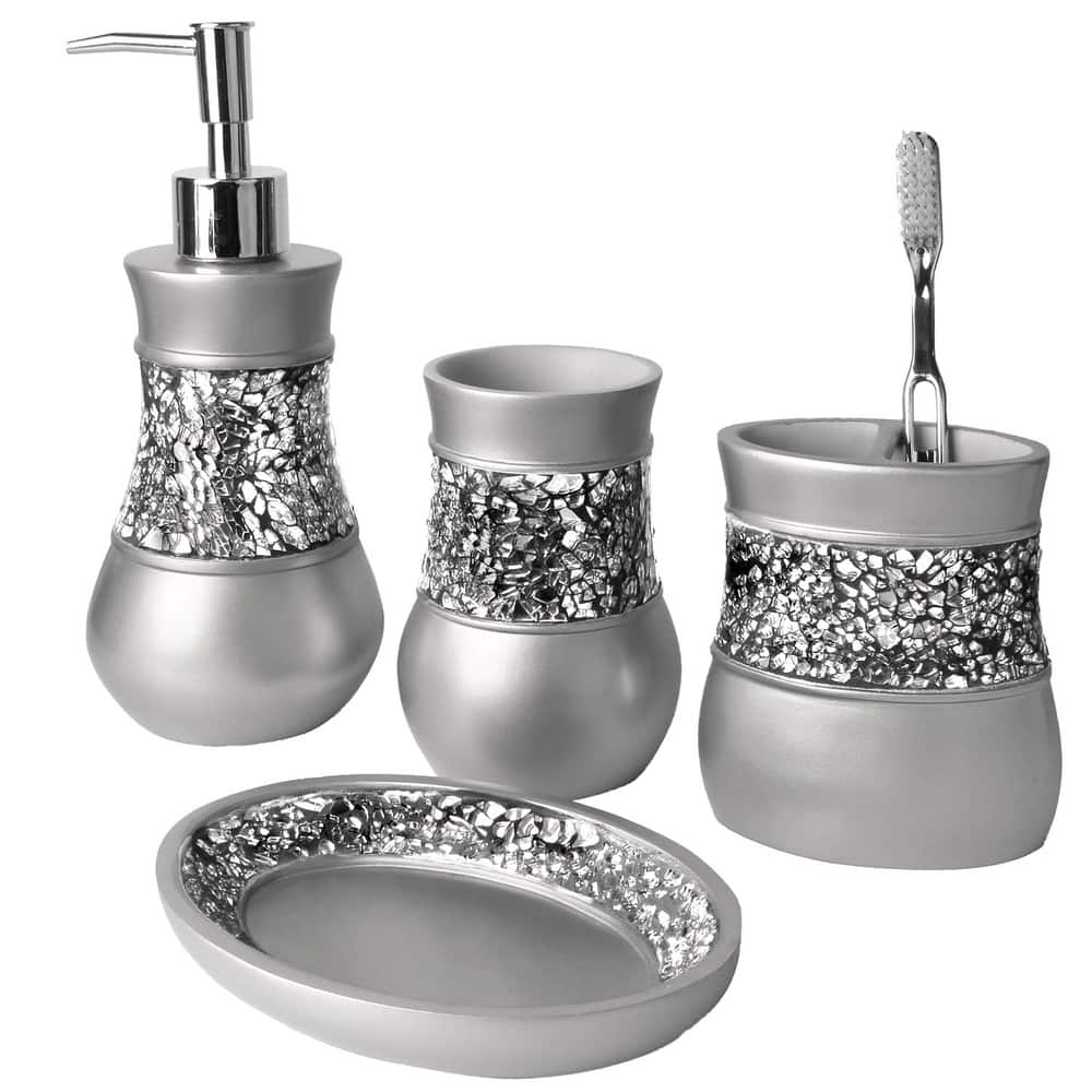 Creative Scents Mosaic Glass Silver-Gray Bathroom Accessories Set of 4 - silver