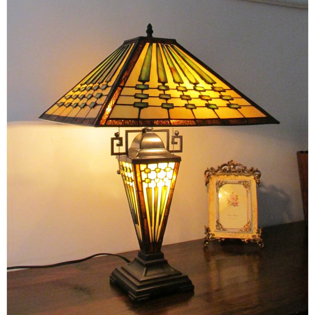 Tiffany Style Mission Design Dark Bronze Double Lit 2+1-light Table Lamp
