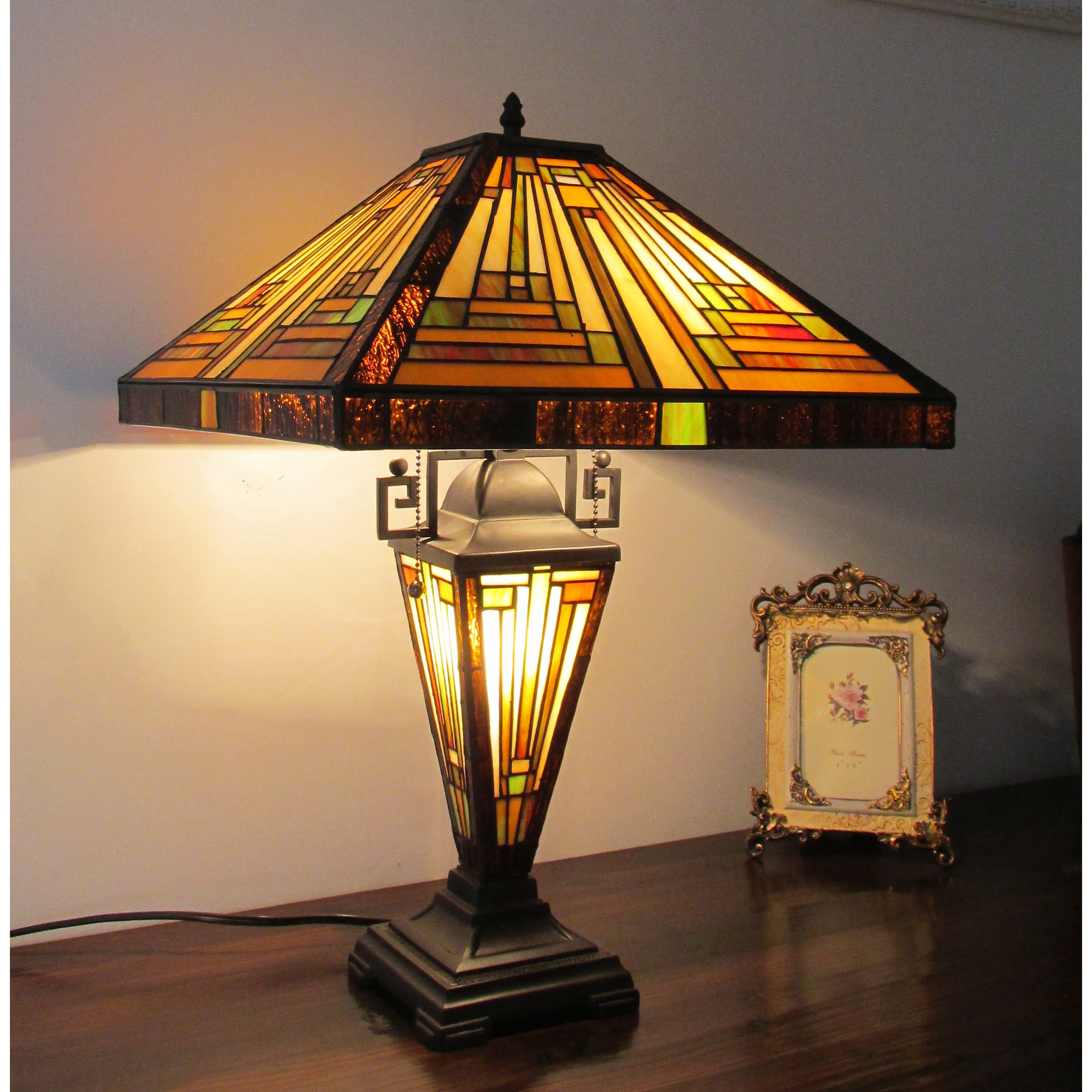 Tiffany Style Mission Dark Bronze Double Lit 2+1-light Table Lamp - Multi-color