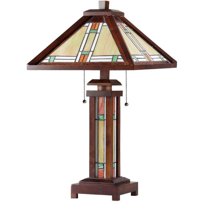 Tiffany Style Mission Double Lit 2 and 1-light Bronze Table Lamp