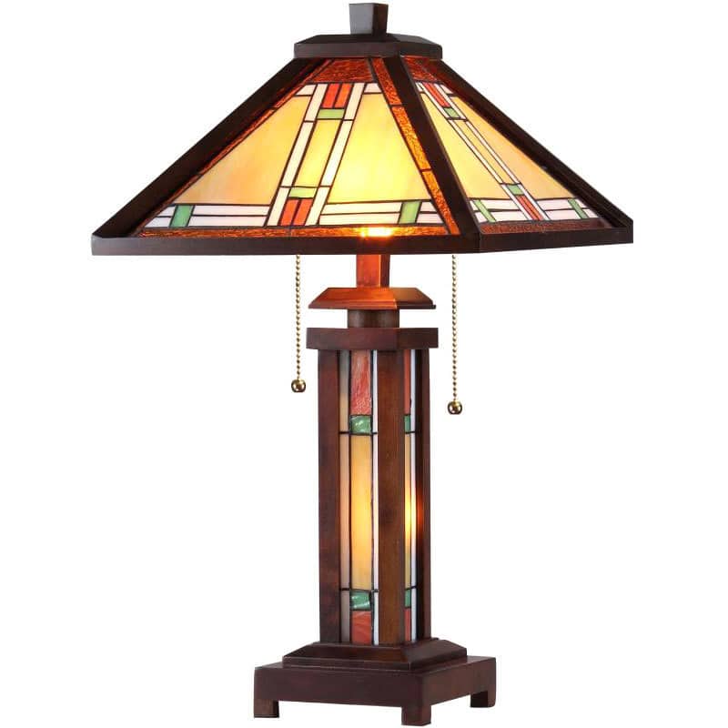 Tiffany Style Mission Double Lit 2 and 1-light Bronze Table Lamp