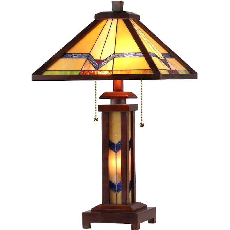 Tiffany Style Mission Design Double Lit 2+1-light Dark Bronze Table Lamp