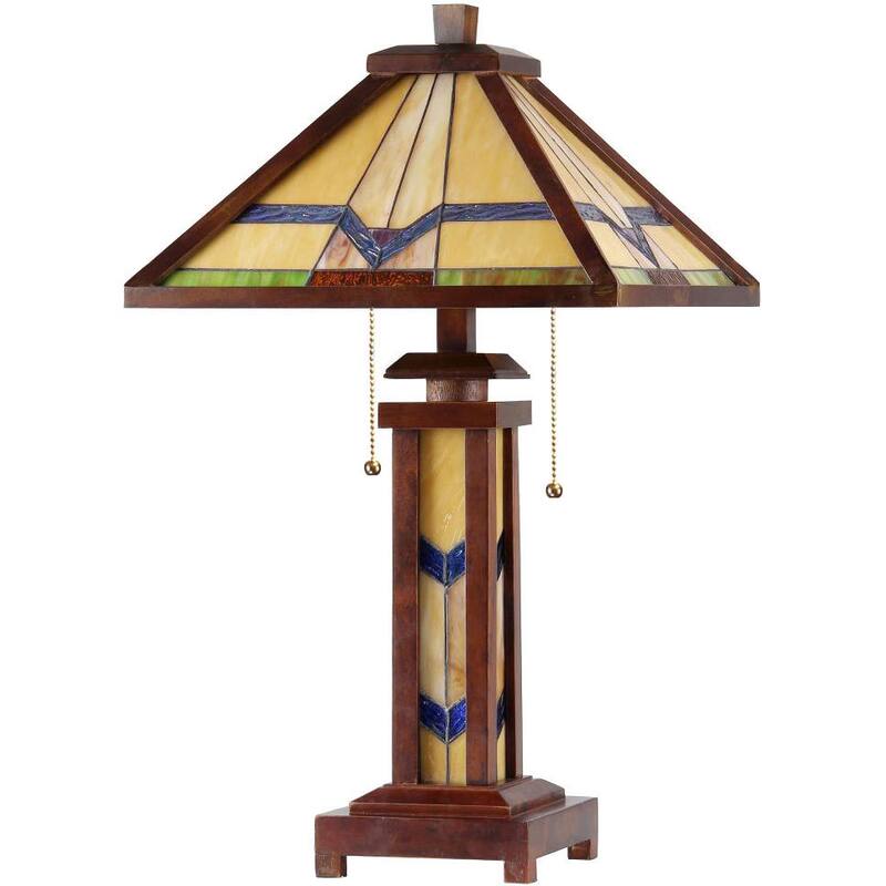 Tiffany Style Mission Design Double Lit 2+1-light Dark Bronze Table Lamp