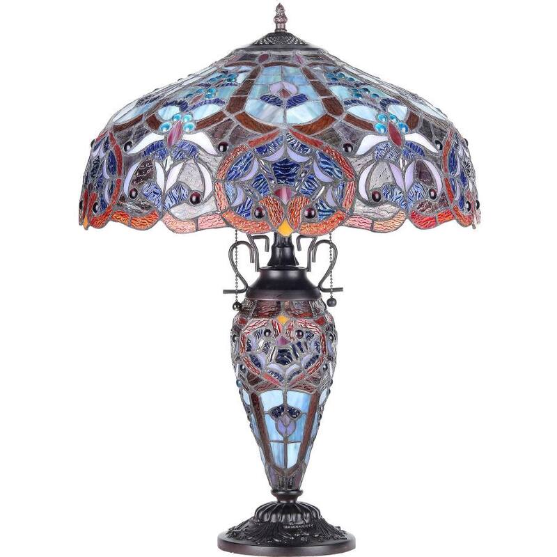 Tiffany Style Victorian Design Double Lit 2 +1 Dark Bronze Table Lamp