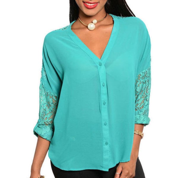 Shop Stanzino Women's Chiffon Shoulder Lace Buttondown Top Free