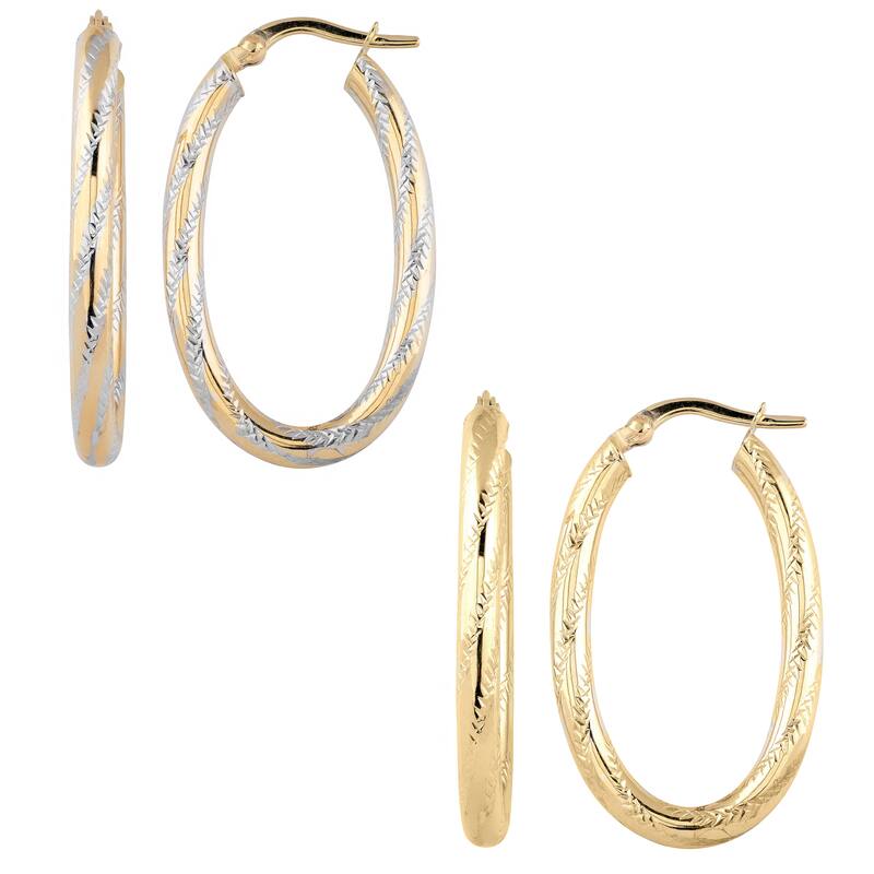 Fremada 10k Yellow or Two-tone Gold Polished and Textured Finish Oval Hoop Earrings - Yellow - Yellow