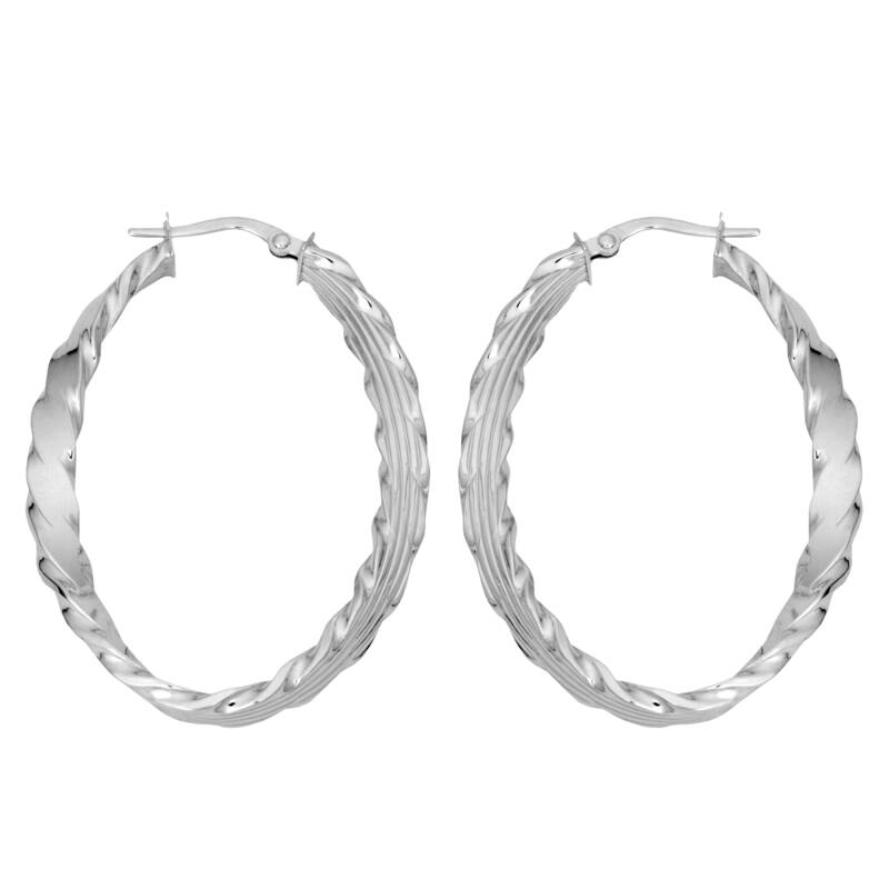 Fremada 10k White Gold Twist Design Flat Oval Hoop Earrings