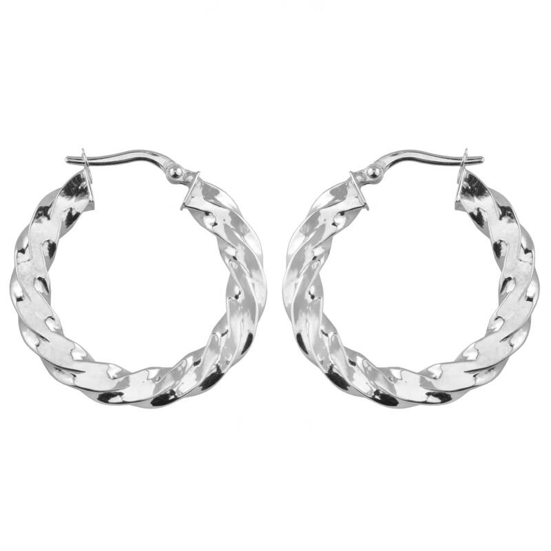 Fremada 10k White Gold 2x20mm Twist Design Flat Hoop Earrings