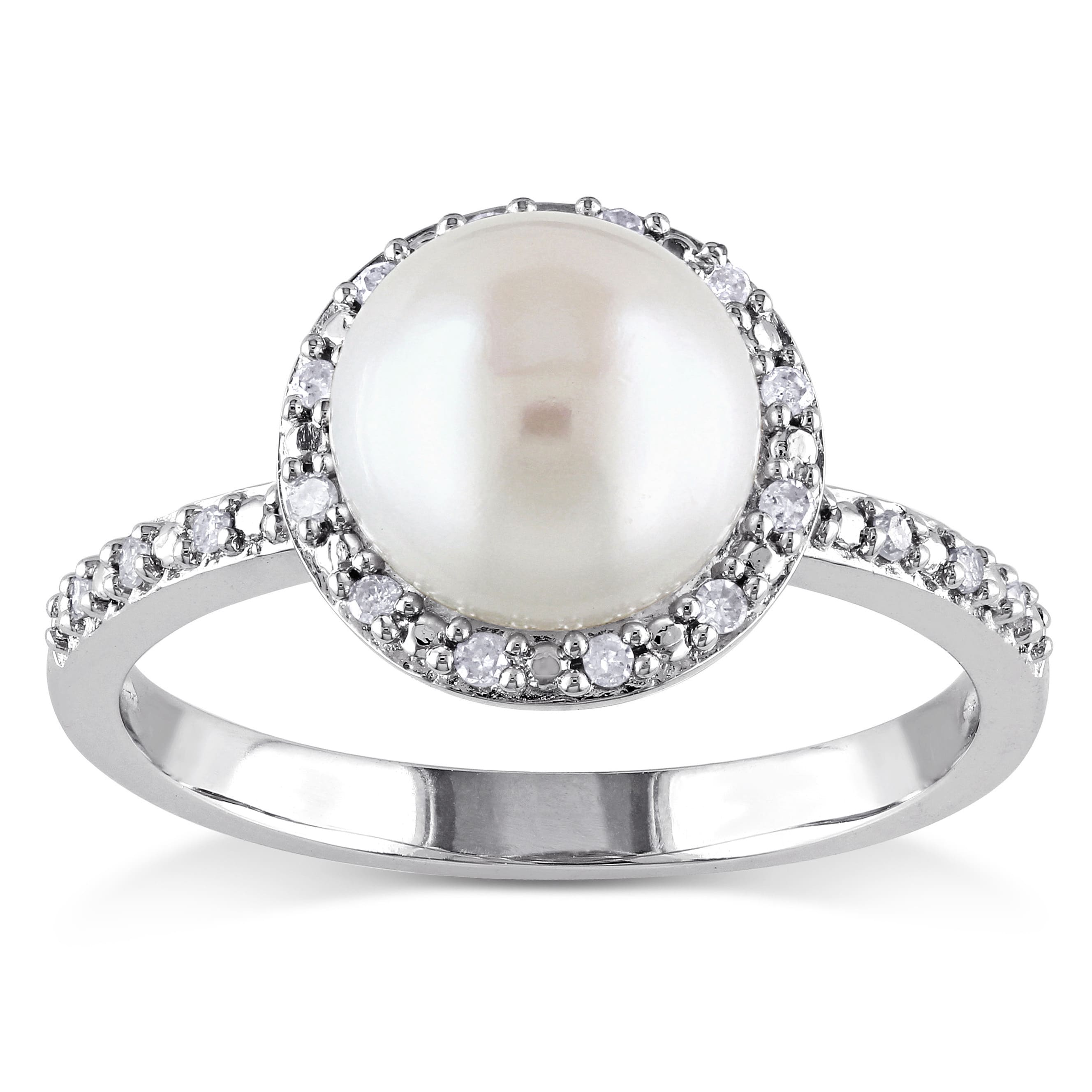 Miadora Silver White Pearl and 1/10ct TDW Diamond Halo Ring (8 - 8.5 mm) (H-I, I2-I3)
