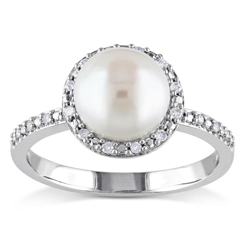 Miadora Silver White Pearl and 1/10ct TDW Diamond Halo Ring (8 - 8.5 mm) (H-I, I2-I3) - 5