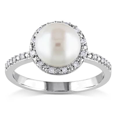 Miadora Silver White Pearl and 1/10ct TDW Diamond Halo Ring (8 - 8.5 mm) (H-I, I2-I3)