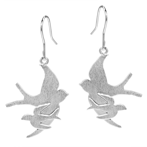 Brushed Duo Sparrows .925 Sterling Silver Dangle Earrings (Thailand