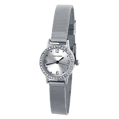 Vernier Women's Mini Silvertone Case Mesh Band Stone Bezel Watch