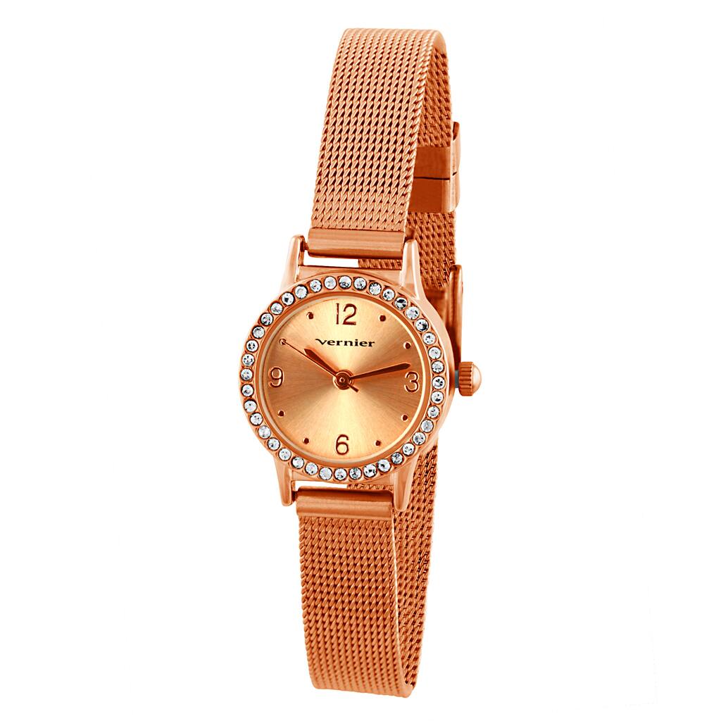 Vernier Women's Mini Rosetone Case Mesh Band Crystal Bezel Watch