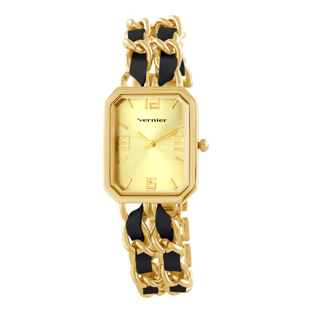 Vernier Women's Goldtone Double Chain Leather Look Inlay Status Octagon Watch