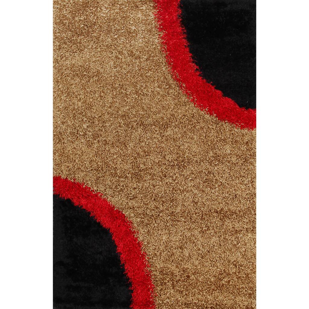 Beige and Black Abstract Geometric Shag Rug