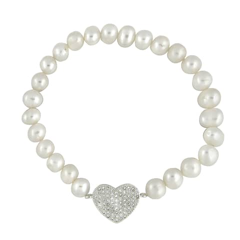 Glitzy Rocks White Freshwater Pearl and Cubic Zirconia Heart Stretch Bracelet (7 mm)