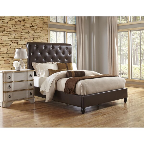 Shop Tufted Dark Brown Faux Leather Queen Size Upholstered Sleigh Bed ...