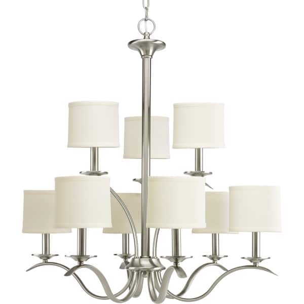 slide 1 of 2, Inspire Collection 9-Light Brushed Nickel Off-White Linen Shade Traditional Chandelier Light - N/A