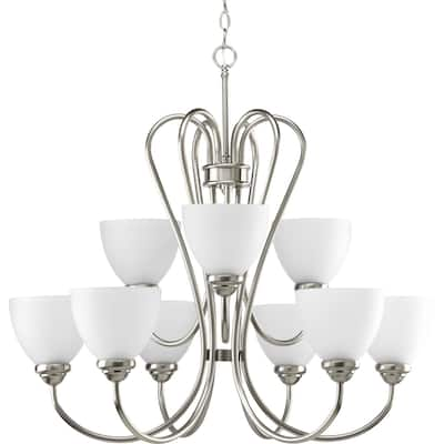 Heart Collection 9-Light Brushed Nickel Etched Glass Farmhouse Chandelier Light - N/A