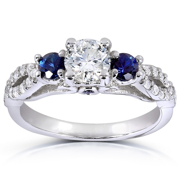 Annello 14k White Gold Round Blue Sapphire and 3/4ct TDW Diamond Three