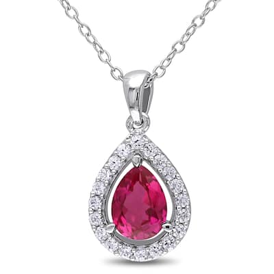 Miadora Silver Created Ruby and Created White Sapphire Teardrop Halo Necklace