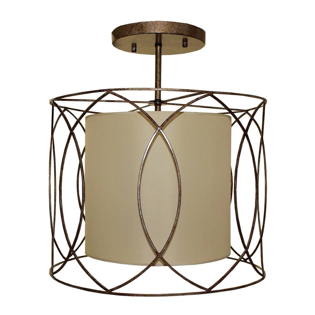 Flush Mount 3-light Wrought Iron and Beige Drum Chandelier