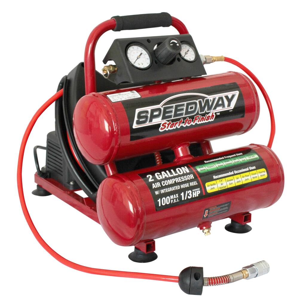Speedway 2-gallon Twin Stack Compressor with 25' Air Hose and Auto-rewind Hose Reel - Red