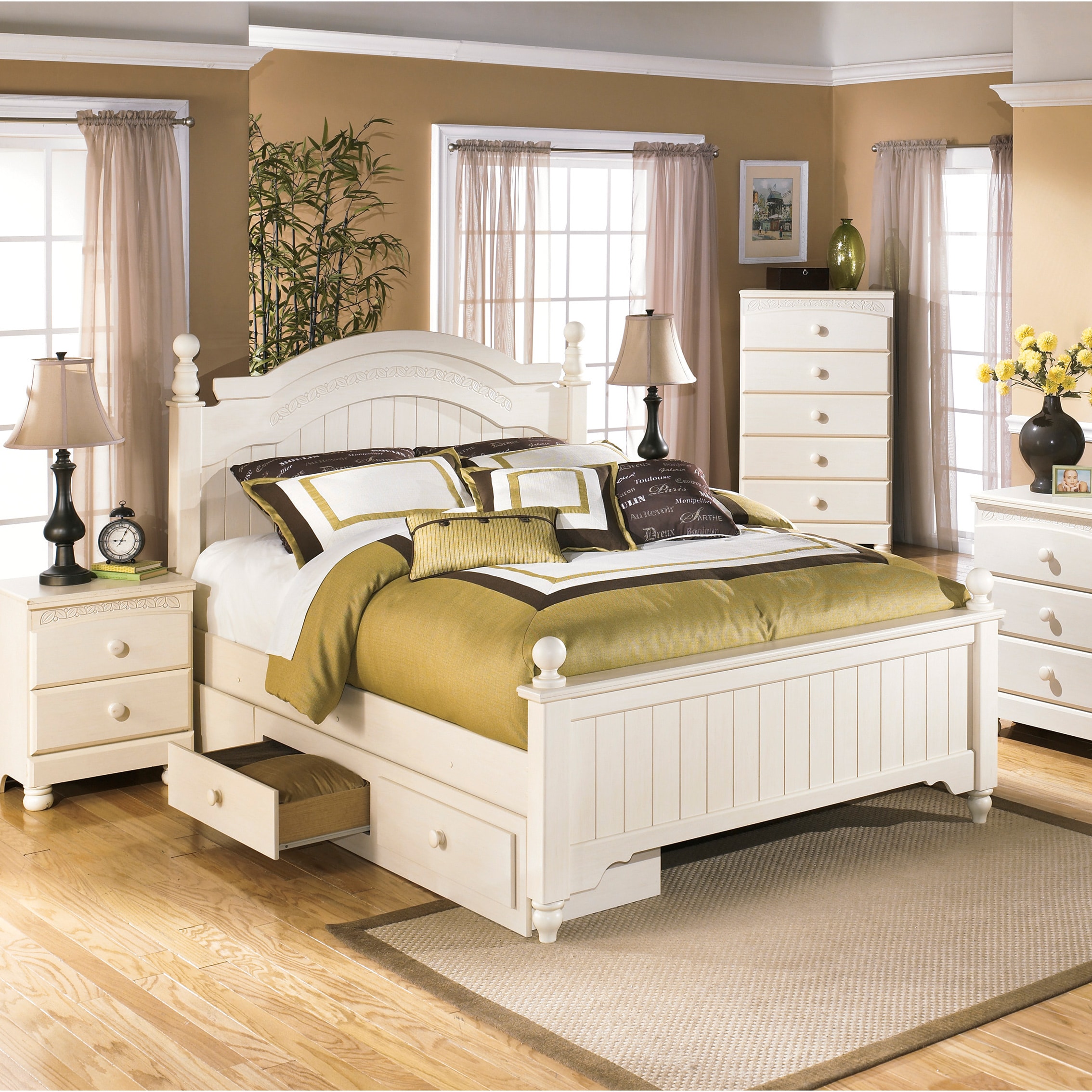 Ashley Cottage Retreat Cream Poster Bed Set With Under Storage Overstock 9375297