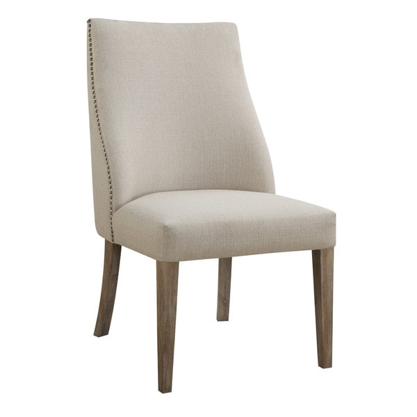 Emerald Home Barcelona Rustic Pine and Beige Upholstered Dining Chair with Curved Back And Nailhead Trim, Set of Two
