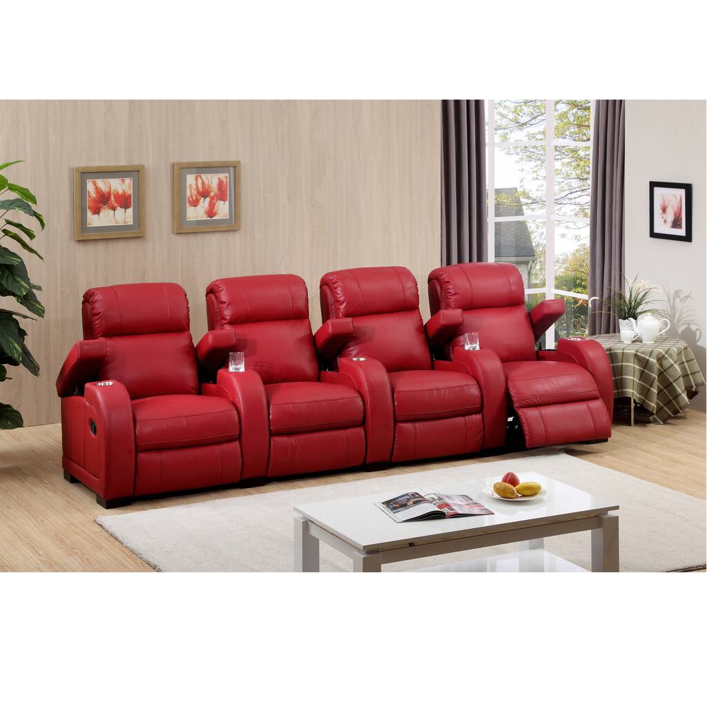 Hugo Four Seat Red Top Grain Leather Recliner Home Theater Seating Set