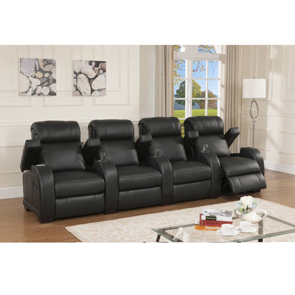 Cooper Four Seat Black Top Grain Leather Recliner Home Theater Seating Set