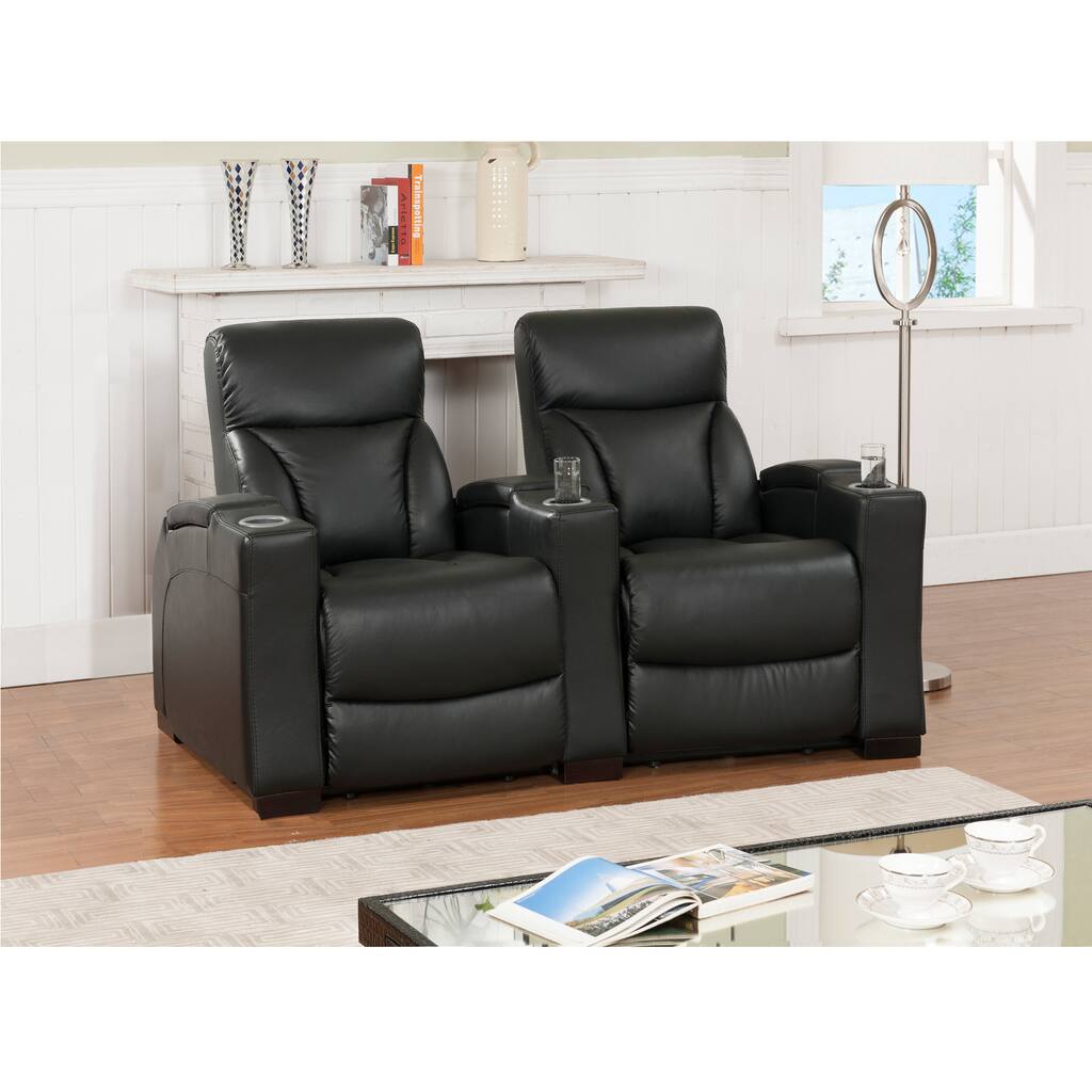 Brooklyn Two Seat Black Top Grain Leather Recliner Home Theater Seating Set