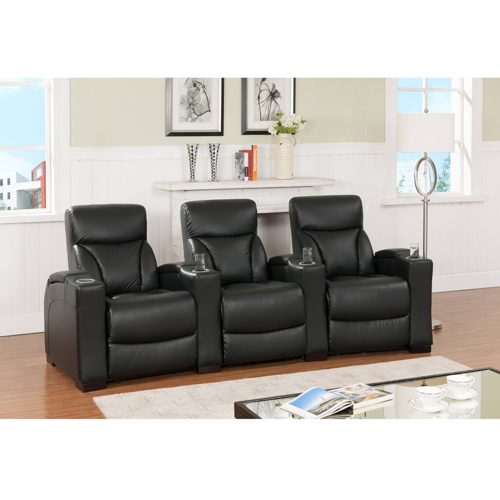 Brooklyn Three Seat Black Top Grain Leather Recliner Home Theater Seating Set