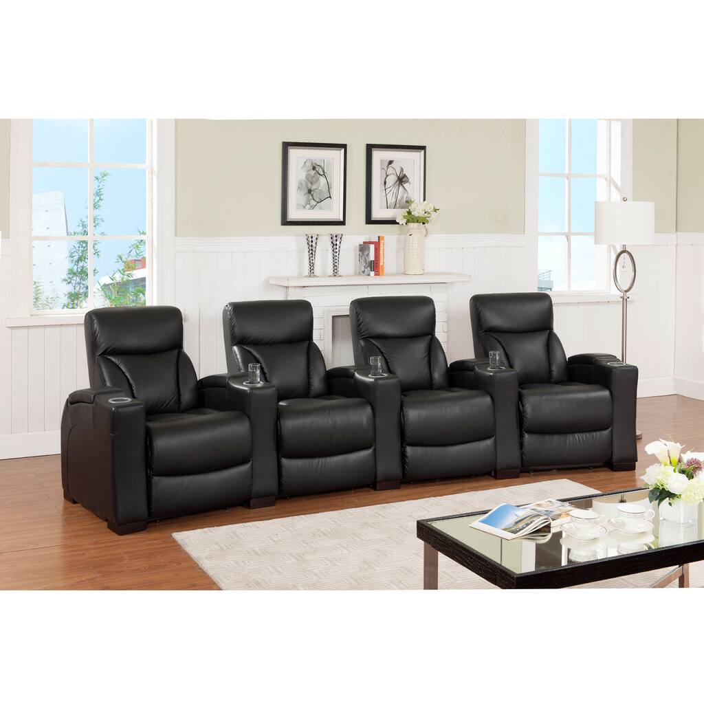 Brooklyn Four Seat Black Top Grain Leather Recliner Home Theater Seating Set