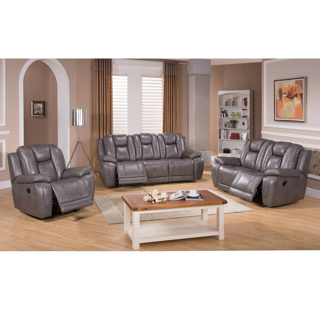 Galaxy Gray Top Grain Leather Lay Flat Reclining Sofa, Loveseat and Recliner Chair