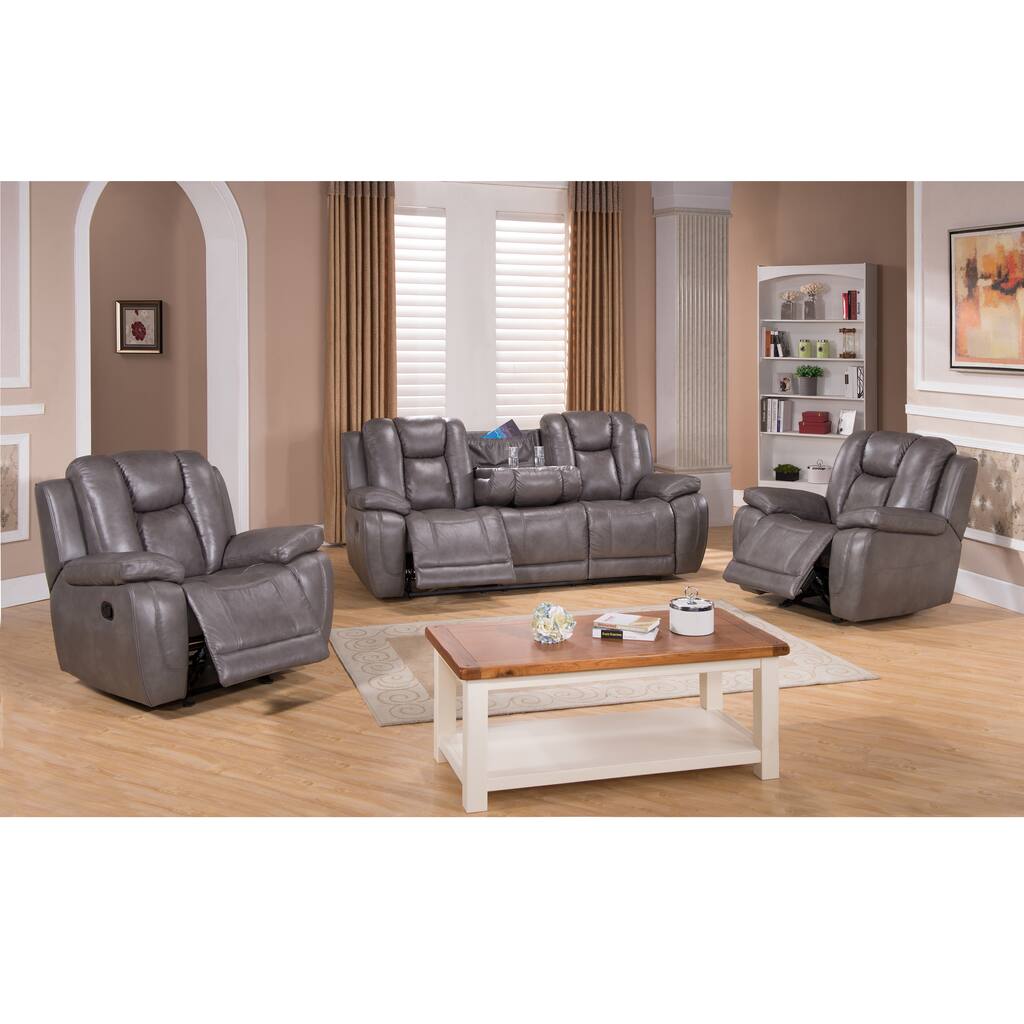 Galaxy Gray Top Grain Leather Lay Flat Reclining Sofa and Two Recliner Chairs