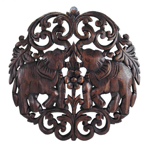 slide 2 of 9, Handmade Elaborate Circular Double Thai Elephant Hand Carved Wood Wall Art (Thailand)