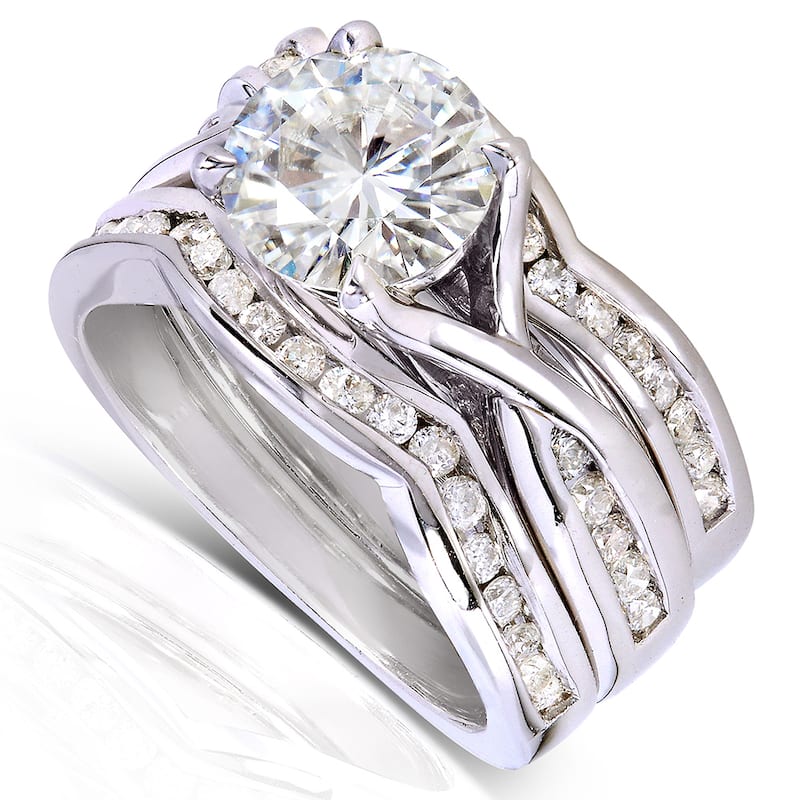 Annello by Kobelli 14k White Gold 1 3/4ct TGW Round-cut Moissanite and Channel-set Diamond 3-piece Bridal Rings Set
