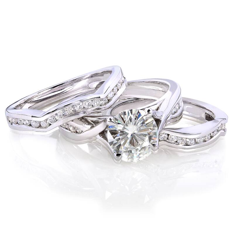 Annello by Kobelli 14k White Gold 1 3/4ct TGW Round-cut Moissanite and Channel-set Diamond 3-piece Bridal Rings Set