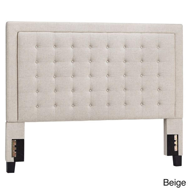 Fabric Upholstered Button Tufted Square Queen Size Headboard in Beige