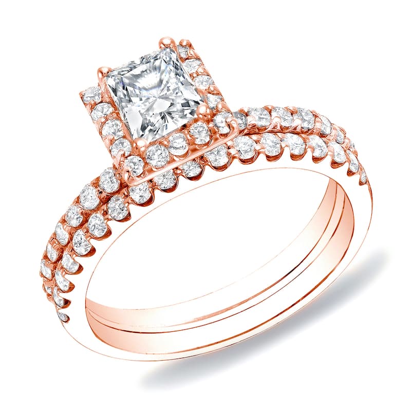 Auriya 14k Rose Gold 1 1/4ctw Princess-cut Diamond Halo Engagement Ring Set