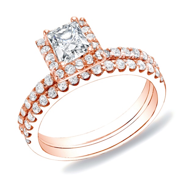 Auriya 14k Rose Gold 1 1/4ctw Princess-cut Diamond Halo Engagement Ring Set. Opens flyout.