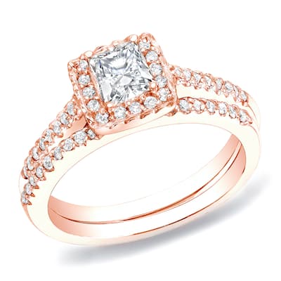 Auriya 14k Rose Gold 3/4ctw Princess-cut Diamond Halo Engagement Ring Set