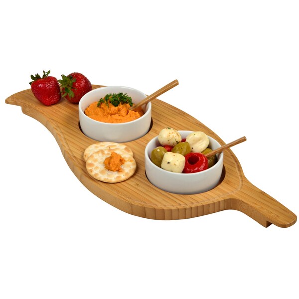 Picnic at Ascot Bamboo Leaf Serving Platter with 2 Ceramic Bowls Overstock 9397683