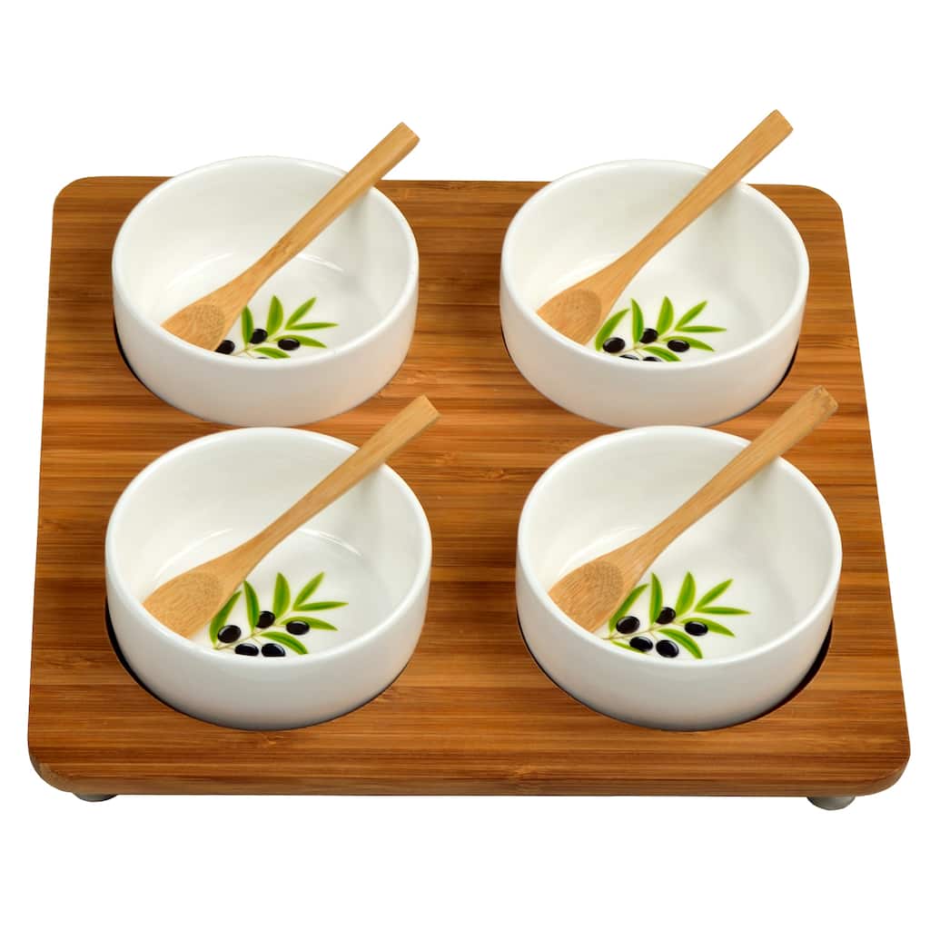 Picnic at Ascot Bamboo Entertaining Set with 4 Ceramic Bowls