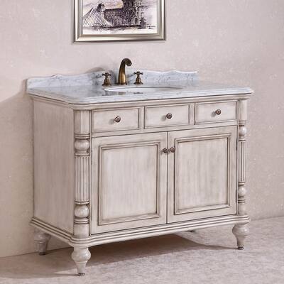Carrara White Marble Top Single Sink Bathroom Vanity in Antique White