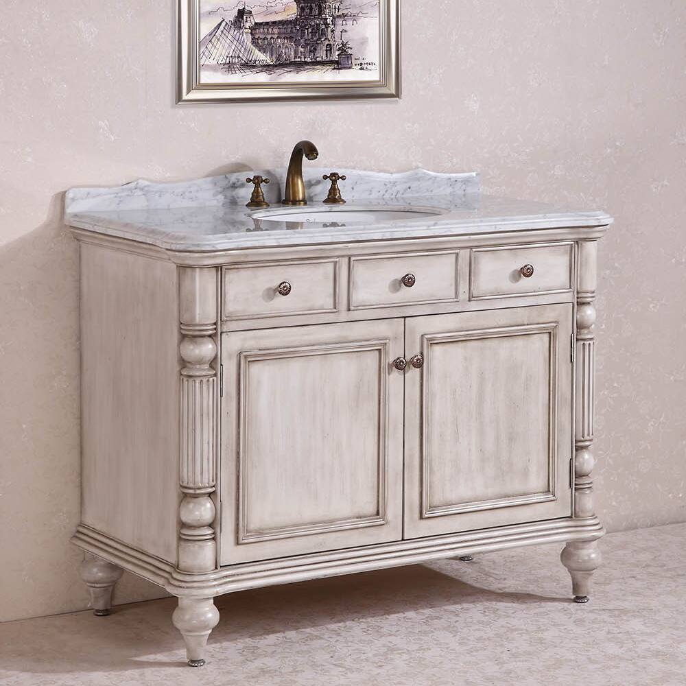 Carrara White Marble Top Single Sink Bathroom Vanity in Antique White